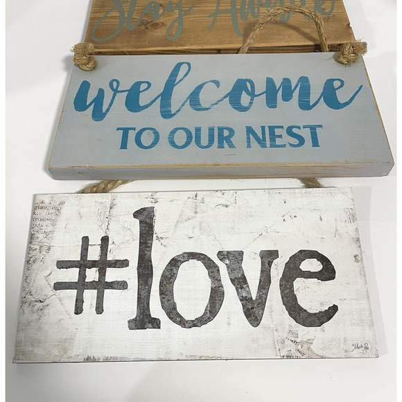 Set of 3 Wooden Signs Wall Hanging Decor Farmhouse Rustic Love Welcome Nest Blue - Picture 4 of 7